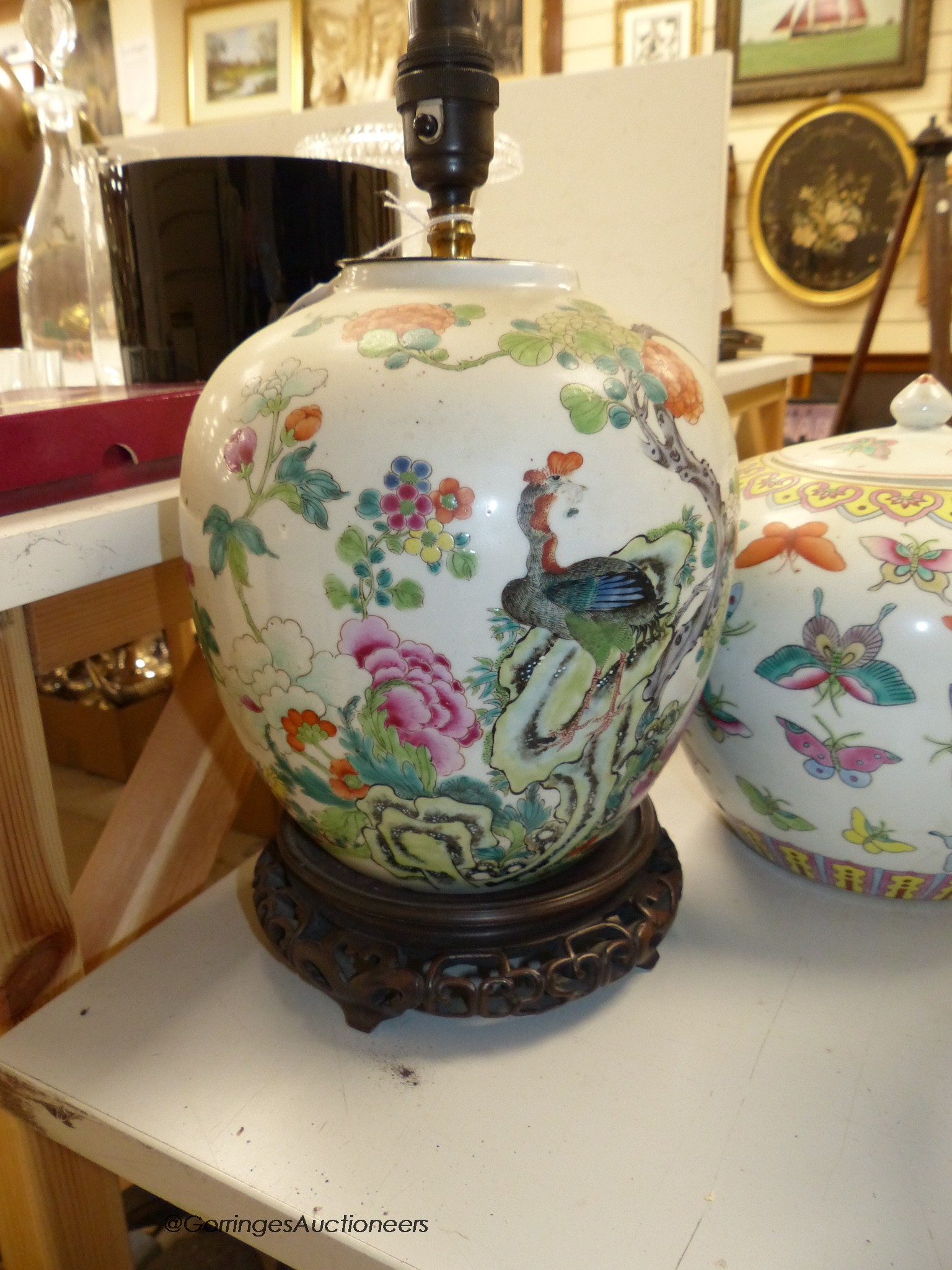 Two Chinese jars and covers and another converted to a lamp, tallest 22cm excl. light fitting